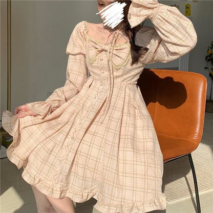 Sweet Plaid Bubble Sleeve Bowknot Strapless Dress MK15702 - KawaiiMoriStore