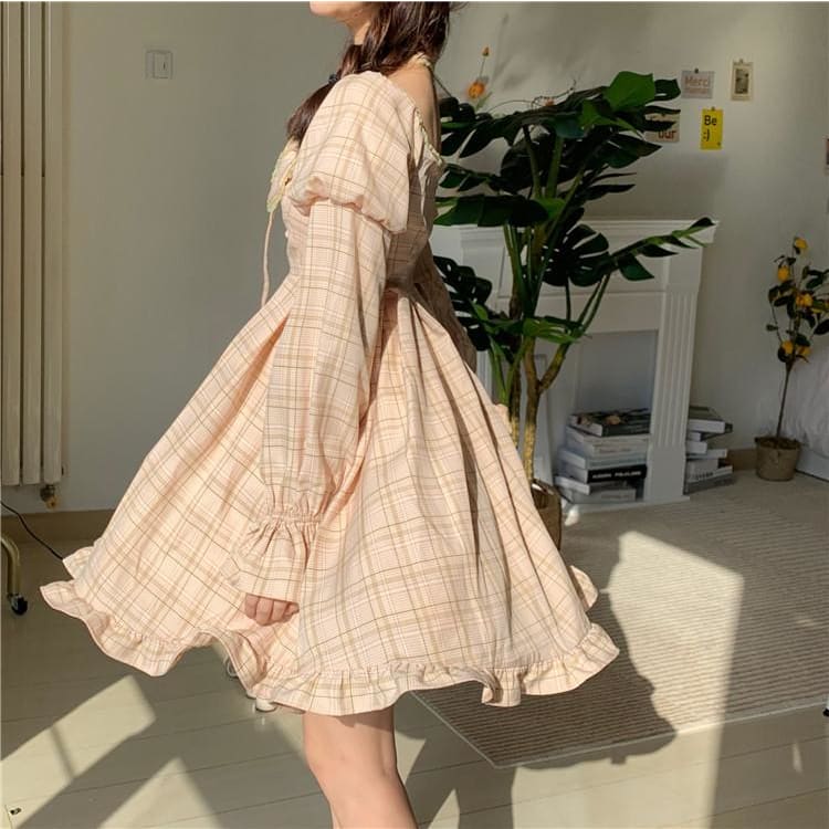 Sweet Plaid Bubble Sleeve Bowknot Strapless Dress MK15702 - KawaiiMoriStore