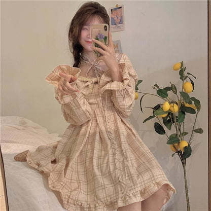 Sweet Plaid Bubble Sleeve Bowknot Strapless Dress MK15702 - KawaiiMoriStore