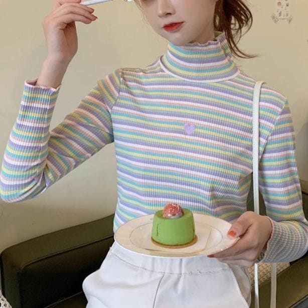 Sweet Rainbow Striped Heart Long Sleeve Turtleneck  Knitted Tops MK15155 - KawaiiMoriStore