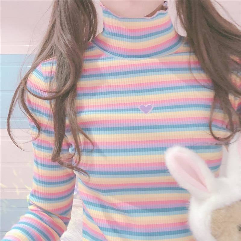 Sweet Rainbow Striped Heart Long Sleeve Turtleneck  Knitted Tops MK15155 - KawaiiMoriStore