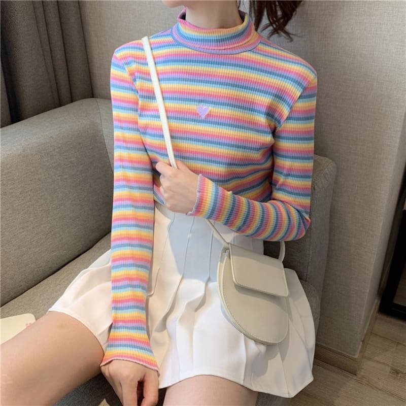 Sweet Rainbow Striped Heart Long Sleeve Turtleneck  Knitted Tops MK15155 - KawaiiMoriStore