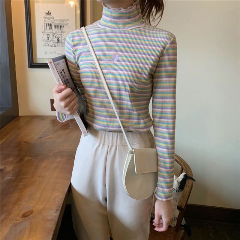 Sweet Rainbow Striped Heart Long Sleeve Turtleneck  Knitted Tops MK15155 - KawaiiMoriStore