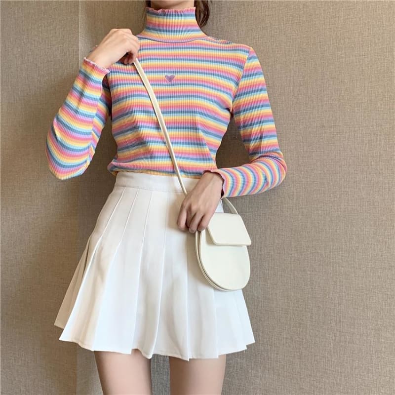 Sweet Rainbow Striped Heart Long Sleeve Turtleneck  Knitted Tops MK15155 - KawaiiMoriStore