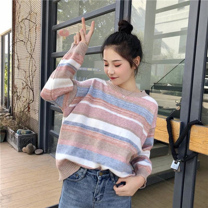 Sweet Rainbow Striped Knitted Sweater MM1094 - KawaiiMoriStore