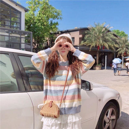 Sweet Rainbow Striped Knitted Sweater MM1094 - KawaiiMoriStore