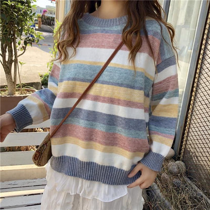 Sweet Rainbow Striped Knitted Sweater MM1094 - KawaiiMoriStore