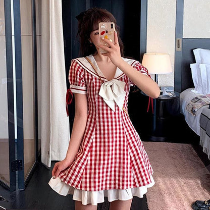 Sweet Red Plaid Vigor Girl Dress MK15002 - KawaiiMoriStore