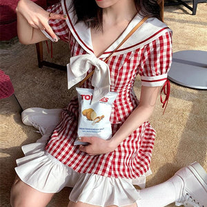 Sweet Red Plaid Vigor Girl Dress MK15002 - KawaiiMoriStore