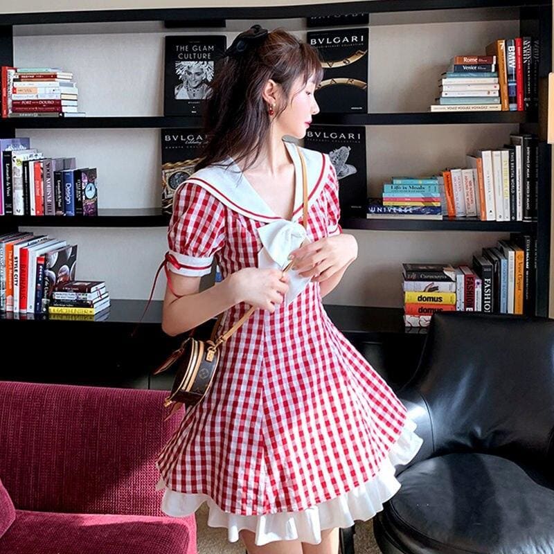 Sweet Red Plaid Vigor Girl Dress MK15002 - KawaiiMoriStore
