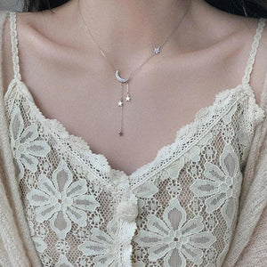 Sweet Silver Color Star Moon Tassel Necklaces MK15480 - KawaiiMoriStore