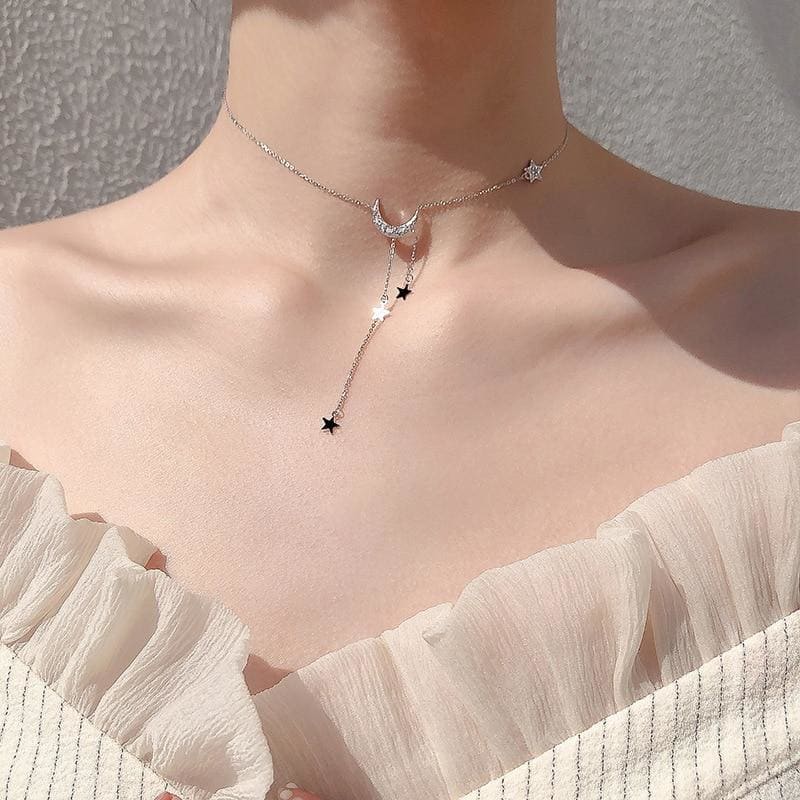 Sweet Silver Color Star Moon Tassel Necklaces MK15480 - KawaiiMoriStore
