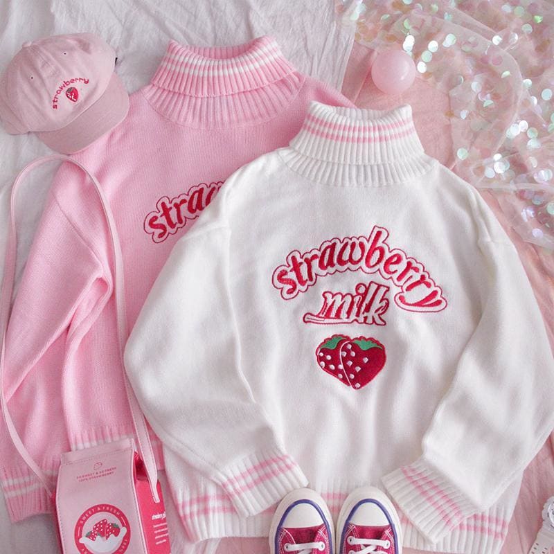 Sweet Strawberry Milk Turtleneck Pullover Sweater MK14838 - KawaiiMoriStore