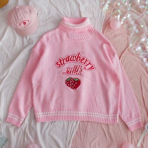 Sweet Strawberry Milk Turtleneck Pullover Sweater MK14838 - KawaiiMoriStore