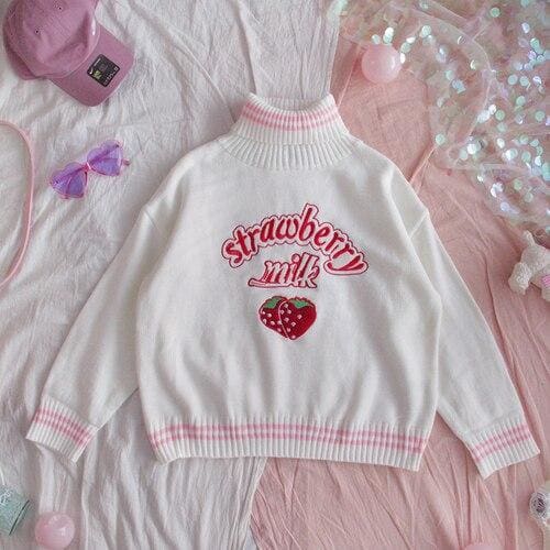 Sweet Strawberry Milk Turtleneck Pullover Sweater MK14838 - KawaiiMoriStore