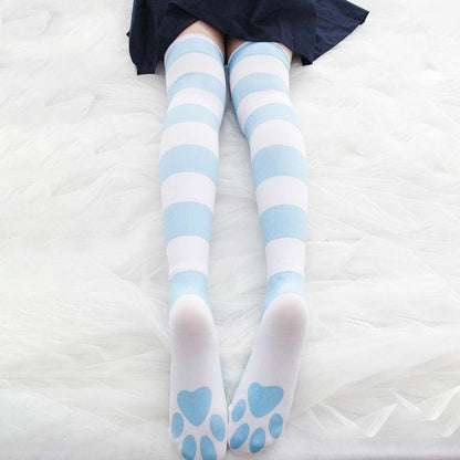 Sweet Striped Cat Paw Prints Over-the-knee Socks MK15329 - KawaiiMoriStore