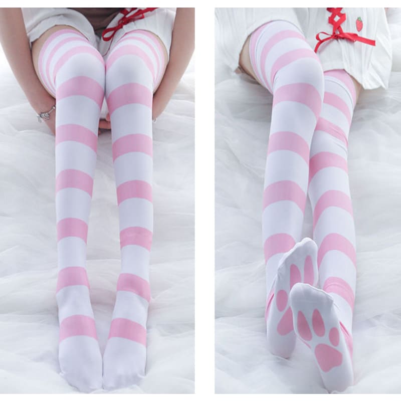 Sweet Striped Cat Paw Prints Over-the-knee Socks MK15329 - KawaiiMoriStore