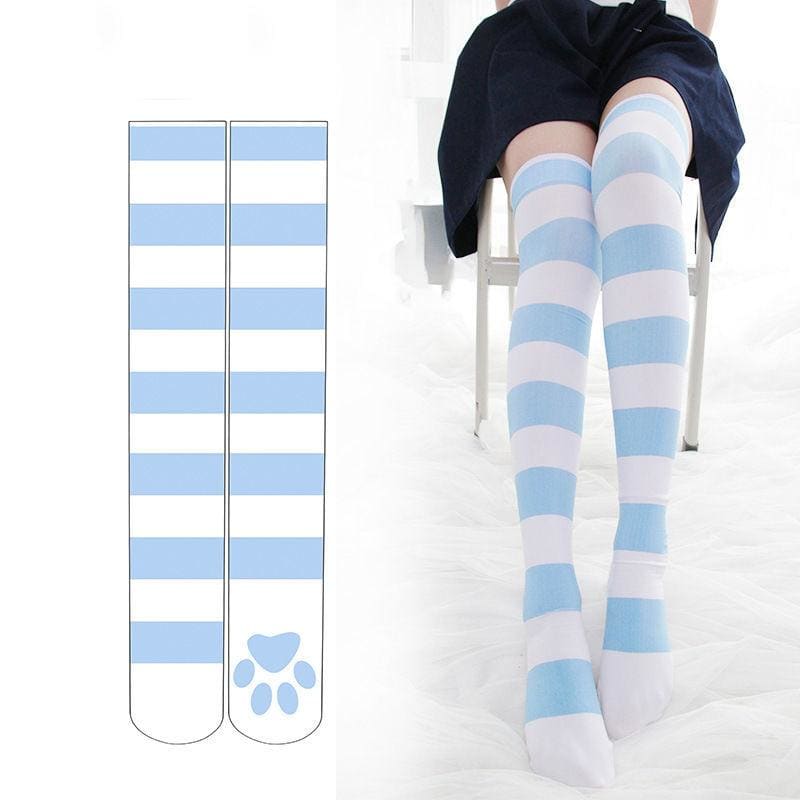 Sweet Striped Cat Paw Prints Over-the-knee Socks MK15329 - KawaiiMoriStore