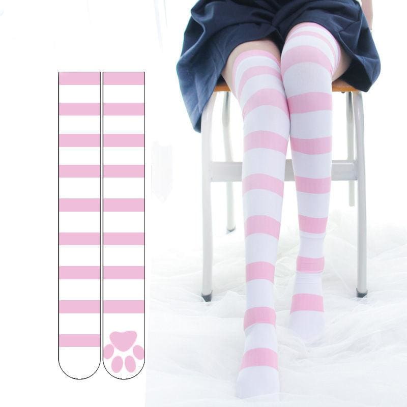 Sweet Striped Cat Paw Prints Over-the-knee Socks MK15329 - KawaiiMoriStore