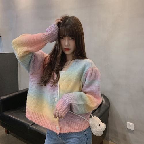 Sweet V-neck Rainbow Cardigans Sweater MK15382 - KawaiiMoriStore