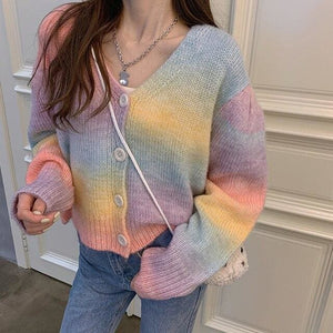 Sweet V-neck Rainbow Cardigans Sweater MK15382 - KawaiiMoriStore