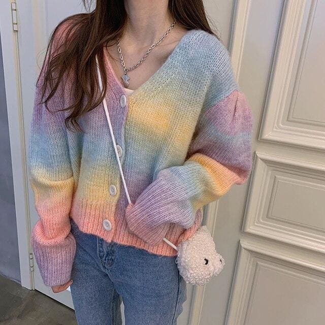 Sweet V-neck Rainbow Cardigans Sweater MK15382 - KawaiiMoriStore