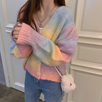 Sweet V-neck Rainbow Cardigans Sweater MK15382 - KawaiiMoriStore