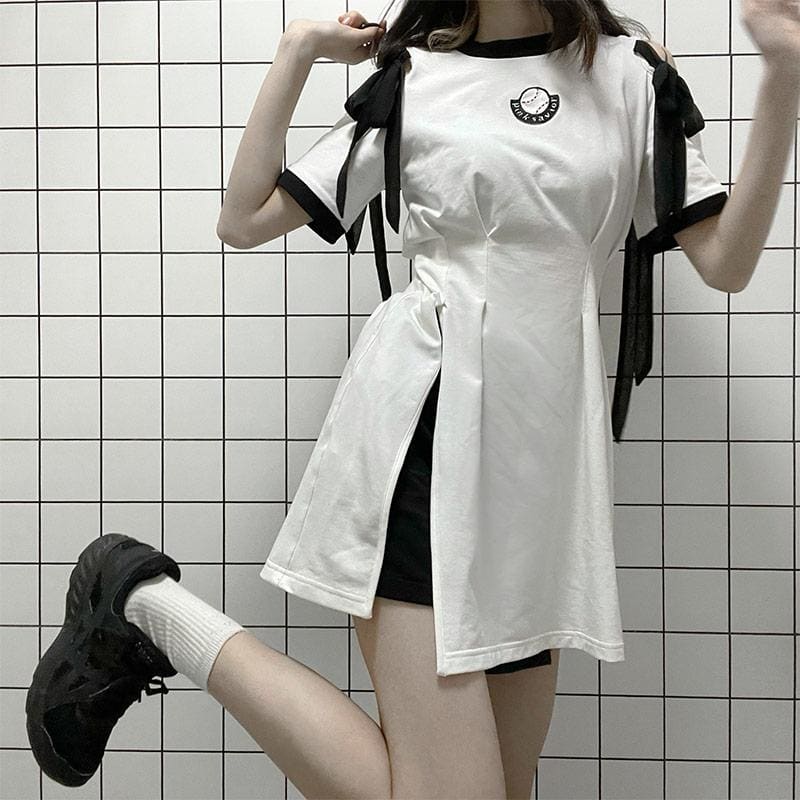 Sweet White/Black Lace Up White Long T-Shirt Stripe Black Dress Shorts MK15972 - KawaiiMoriStore