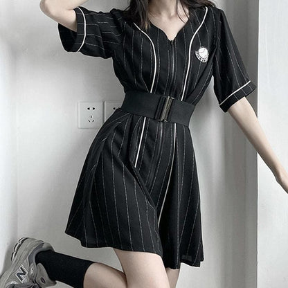 Sweet White/Black Lace Up White Long T-Shirt Stripe Black Dress Shorts MK15972 - KawaiiMoriStore