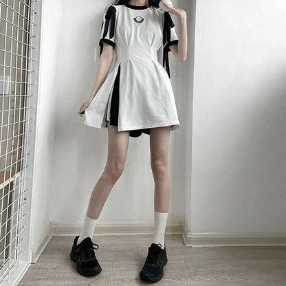 Sweet White/Black Lace Up White Long T-Shirt Stripe Black Dress Shorts MK15972 - KawaiiMoriStore