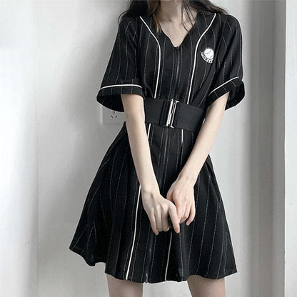 Sweet White/Black Lace Up White Long T-Shirt Stripe Black Dress Shorts MK15972 - KawaiiMoriStore