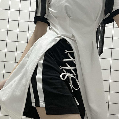 Sweet White/Black Lace Up White Long T-Shirt Stripe Black Dress Shorts MK15972 - KawaiiMoriStore