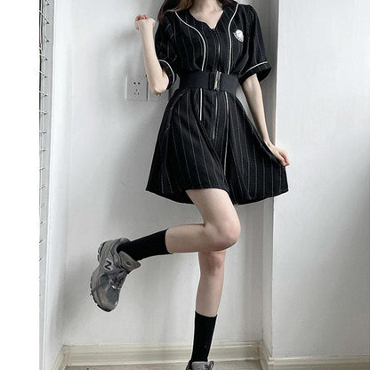 Sweet White/Black Lace Up White Long T-Shirt Stripe Black Dress Shorts MK15972 - KawaiiMoriStore