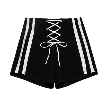 Sweet White/Black Lace Up White Long T-Shirt Stripe Black Dress Shorts MK15972 - KawaiiMoriStore