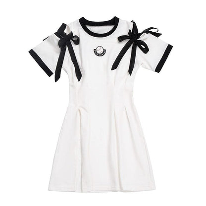 Sweet White/Black Lace Up White Long T-Shirt Stripe Black Dress Shorts MK15972 - KawaiiMoriStore