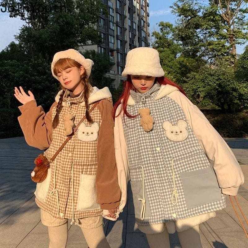 Thicken Warm Patchwork Plaid Cute Hooded Coat MK15495 - KawaiiMoriStore