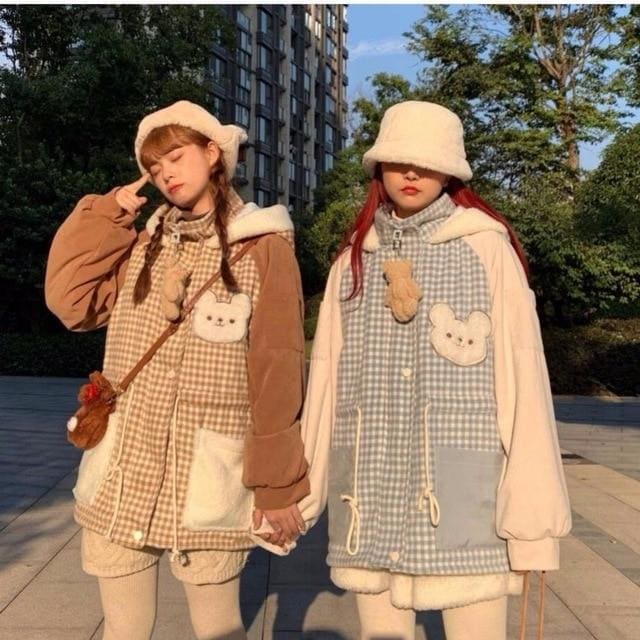 Thicken Warm Patchwork Plaid Cute Hooded Coat MK15495 - KawaiiMoriStore