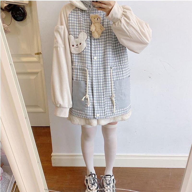 Thicken Warm Patchwork Plaid Cute Hooded Coat MK15495 - KawaiiMoriStore