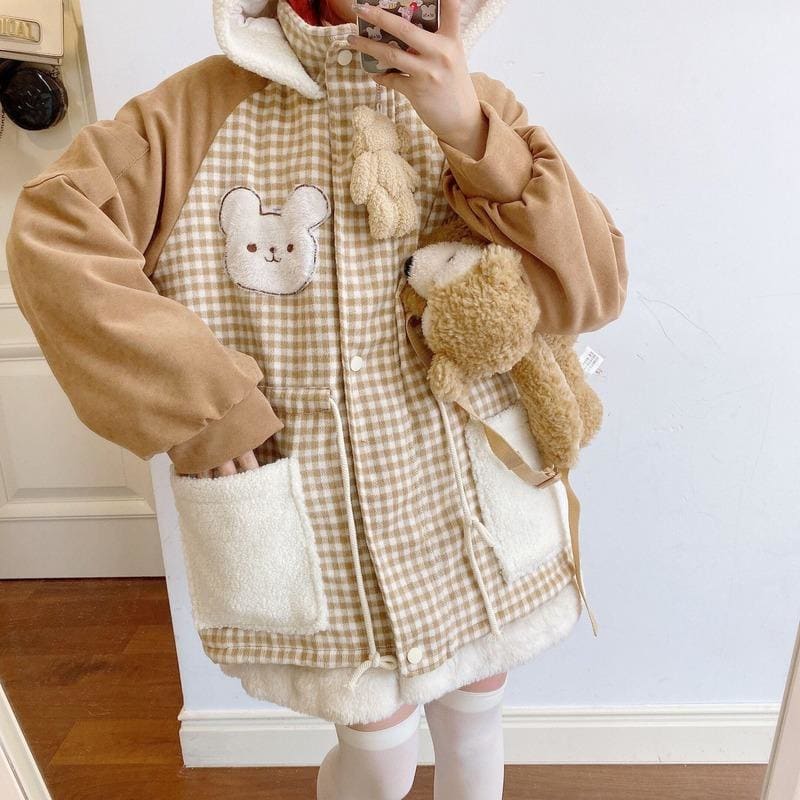 Thicken Warm Patchwork Plaid Cute Hooded Coat MK15495 - KawaiiMoriStore