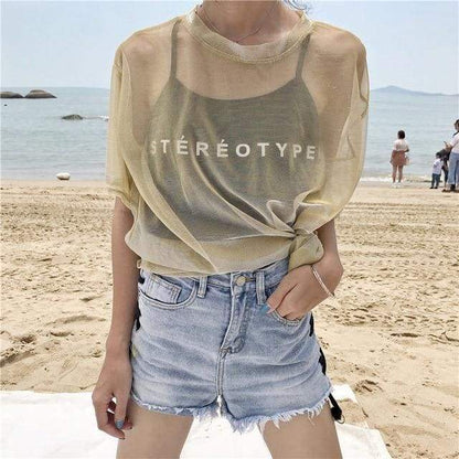 Sexy Transparent T-shirt+Short Sleeve Two Piece Set MK15027 - KawaiiMoriStore