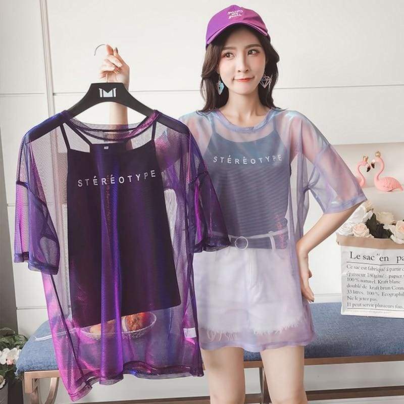 Sexy Transparent T-shirt+Short Sleeve Two Piece Set MK15027 - KawaiiMoriStore