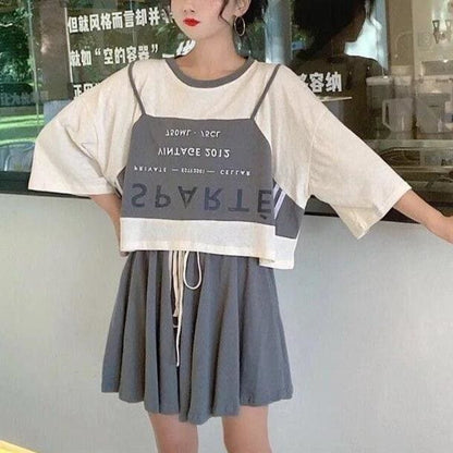 Trendy Casual Beige Gray Crop Top Skirt Set MK16061 - KawaiiMoriStore