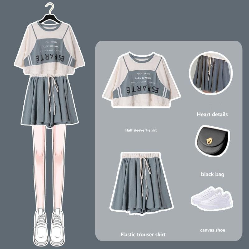 Trendy Casual Beige Gray Crop Top Skirt Set MK16061 - KawaiiMoriStore