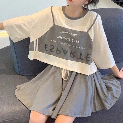 Trendy Casual Beige Gray Crop Top Skirt Set MK16061 - KawaiiMoriStore