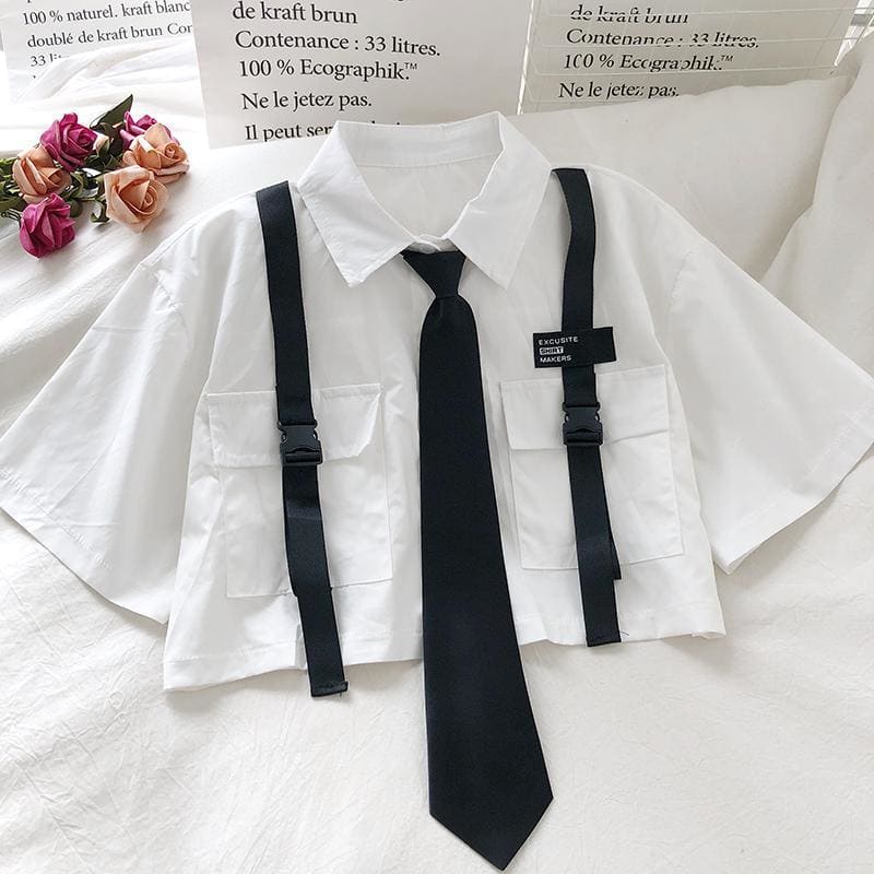 Turn-down Collar Pockets Tie Loose Casual Blouses MK15046 - KawaiiMoriStore