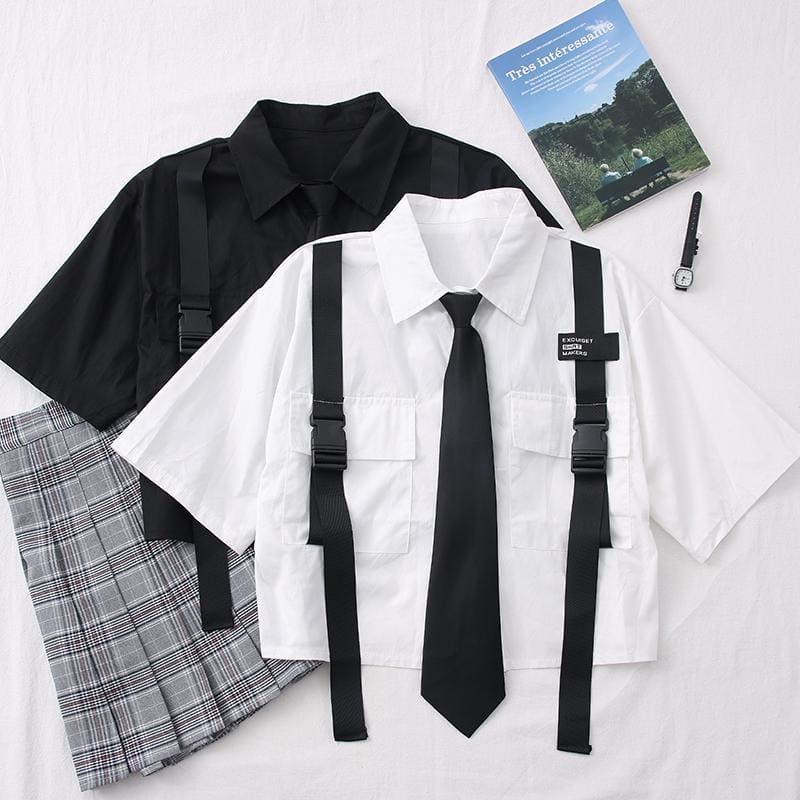 Turn-down Collar Pockets Tie Loose Casual Blouses MK15046 - KawaiiMoriStore