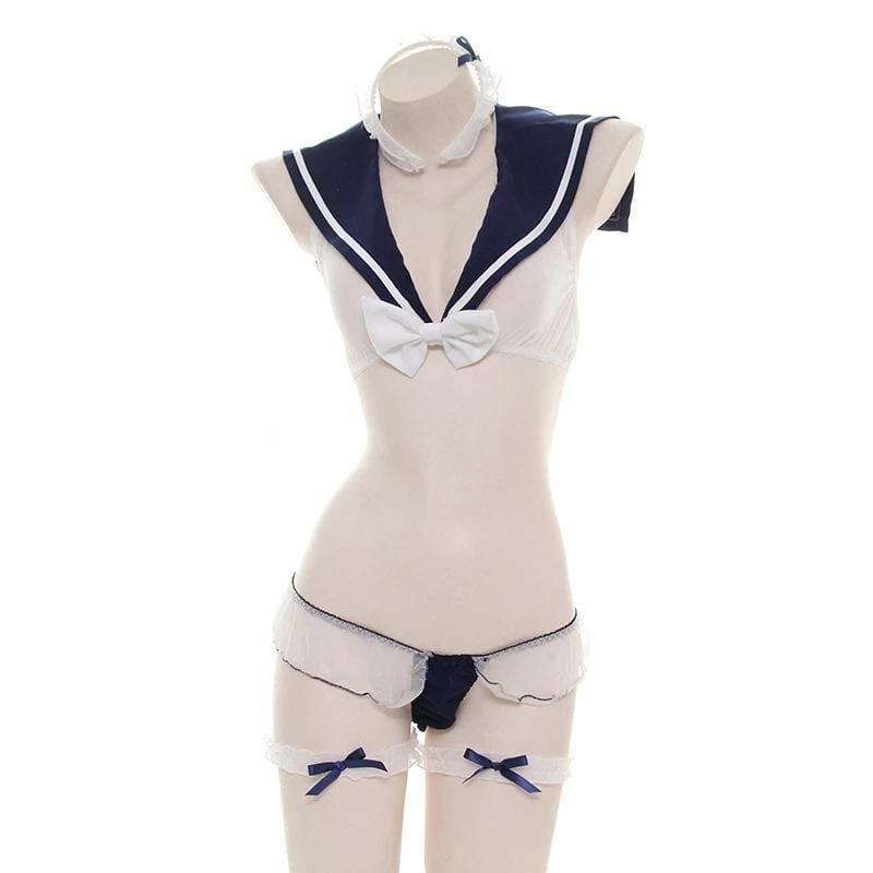 Ultrashort Transparent Sexy Mesh Sailor Suit Bow Bra Shorts Lingerie Set MK130 - KawaiiMoriStore
