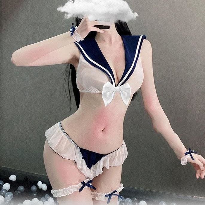 Ultrashort Transparent Sexy Mesh Sailor Suit Bow Bra Shorts Lingerie Set MK130 - KawaiiMoriStore