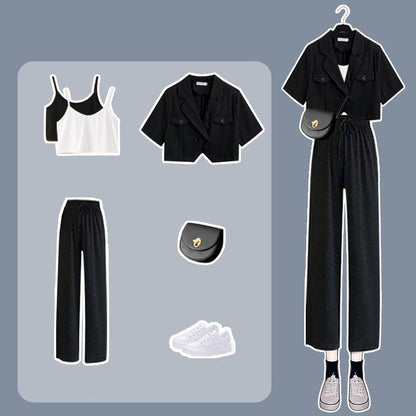 Unisex Casual Black White Crop Shirt Crop Top Pants Set MK15999 - KawaiiMoriStore