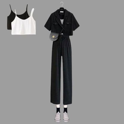 Unisex Casual Black White Crop Shirt Crop Top Pants Set MK15999 - KawaiiMoriStore